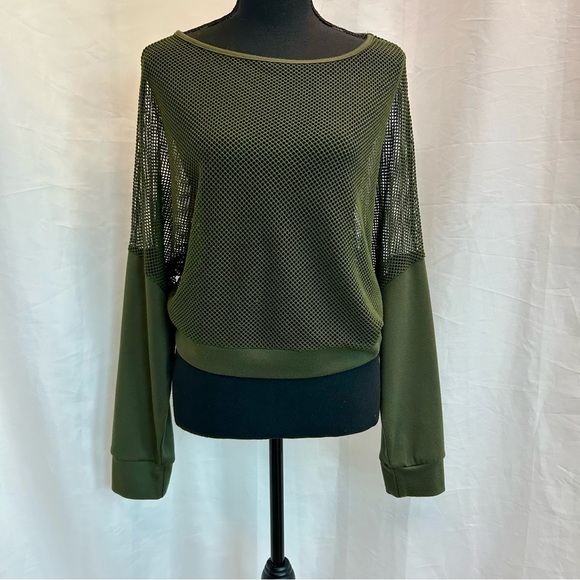 Revamped Olive Forest Green Sheer Mesh Women Sweatshirt Top L Long Sleeve - Picture 11 of 11